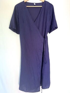 Amazhiyu 100% Linen Indigo Wrap Dress with Pockets Size L